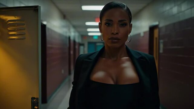Confident woman in a black blazer standing at a school locker, hallway with lockers and classroom doors in the background, conveying empowerment - teacher and sexy