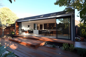 The renovation of a modern home extension in Melbourne includes the addition of a deck, patio, and courtyard area.