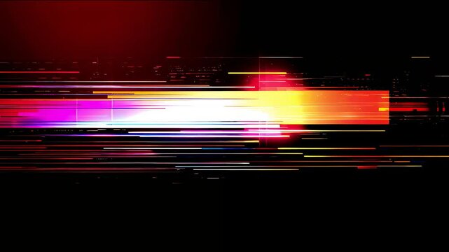Abstract digital art of vibrant neon block lines and glitches over a black and red background