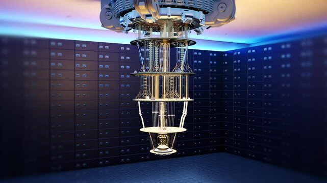 Golden quantum computer machine hanging in room 4k footage