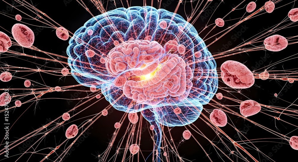 Poster illuminated brain: neural network and synaptic connections