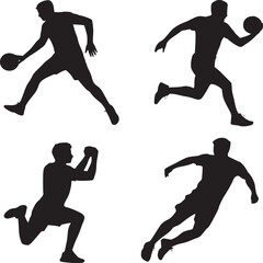Four black silhouettes of male athletes playing with balls on a white background layout design