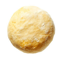 Overhead view of a ball of pale yellow bread dough with flour, transparent background