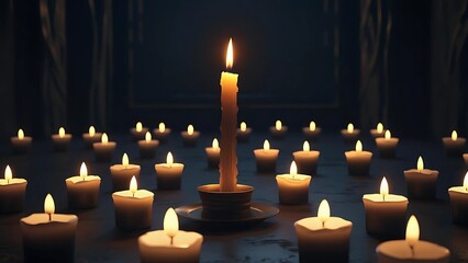 Candle glowing in a dark room at night, symbolizing grief, sorrow, and remembrance. A touching moment of silence, perfect for mourning, loss, or emotional spiritual scenes