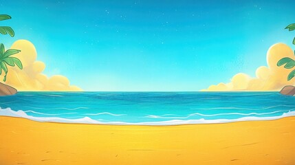 Tropical beach cartoon summer ocean landscape. Sand and sea with relaxation, vacation, and paradise. Idyllic shoreline, blue sky, vibrant scenery, exotic tranquil destination, animated background,