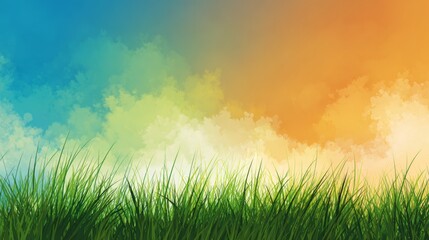 Fototapeta premium Nature background with green grass and colorful sky. Vector illustration.
