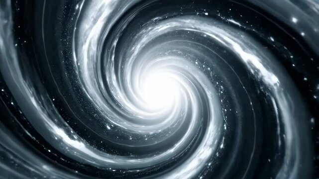 Abstract space vortex animation with swirling particles and bright light at the center. Cosmic, swirling, deep space time warp animation.