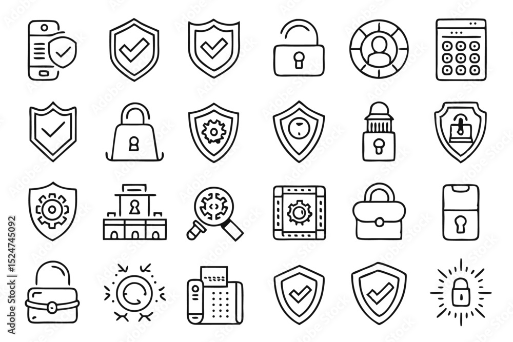 Poster collection of security line icons isolated on transparent background