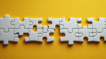 Obraz premium Connecting puzzle pieces on yellow background. Idea, solution, business, strategy concept. Vector illustration isolated 