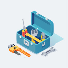 Isometric flat vector of an open industrial toolbox with wrench, pliers, and screwdriver, detailed and modern design for industrial and maintenance themes