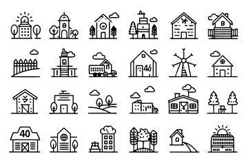 Rural farm home village line icons set isolated on transparent background