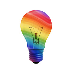 Fototapeta premium A colorful glowing idea bulb lamp, isolated design element isolated on white or transparent background. PNG, visualization of brainstorming, bright idea and creative thinking
