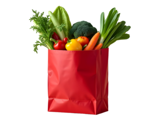Red paper bag with fresh vegetables and fruits including broccoli, tomatoes, corn, cucumbers, pineapple, PNG file isolated on transparent background