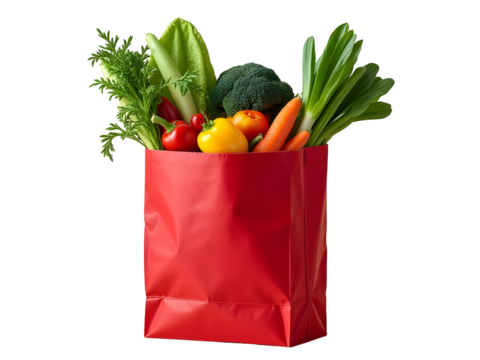Red paper bag with fresh vegetables and fruits including broccoli, tomatoes, corn, cucumbers, pineapple, PNG file isolated on transparent background