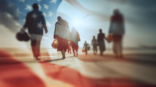 Blurred figures journeying under a vibrant american flag