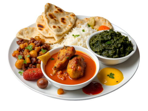 Traditional Indian thali with red meat curry, spinach curry, yellow sauce and assorted chutneys on white plate – PNG file isolated on transparent background