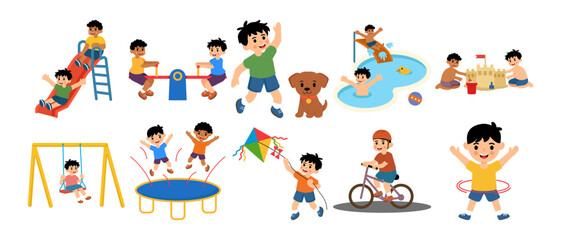 Kids boy outdoor activity, vector illustration