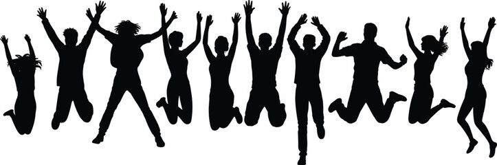 Silhouette vector of people jumping in excitement, group happiness, celebration motion, fun pose, energetic youth, success expression, black figures illustration