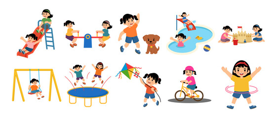 Kids girl outdoor activity, vector illustration