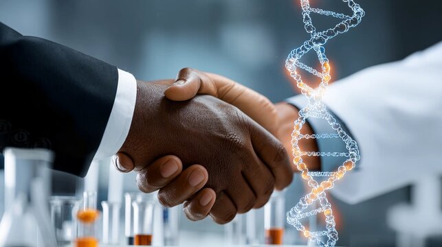 Business handshake with glowing dna helix in a science lab - Powered by Adobe