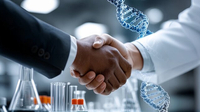 Business and science leaders shake hands in a lab with dna helix