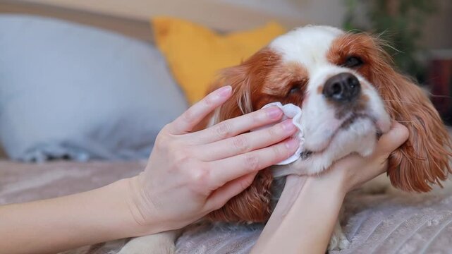 dog is receiving eye treatment with a cotton disc and medication for tear duct issues. concept pet hygiene, veterinary care, animal wellness.