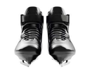 Pair of black ice skates with transparent background, front view, studio shot, professional sports equipment, winter activity, sleek design, athletic footwear, ice