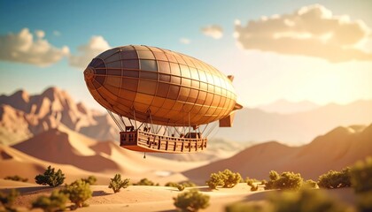 Vintage airship adventure soaring across the desert landscape at sunset