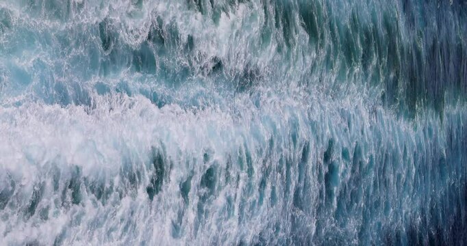 Pacific deep ocean wake behing cruise ship 4K. Destination vacation travel tropical ocean sea. Caribbean cruise. Beautiful blue Ocean water. Powerful propeller wash and fluid dynamic cause a pattern.