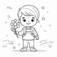 Clean black and white line drawing of a cute little boy holding a flower, ideal for coloring book pages or printable art, child-friendly simple illustration.