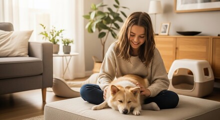 Smiling girl petting her sleepy dog in a bright, cozy living room