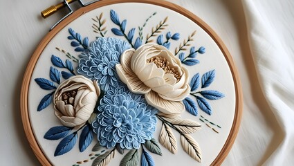 Fototapeta premium Simple and Elegant Hand Embroidery of Vintage Blooms in a Wooden Hoop 