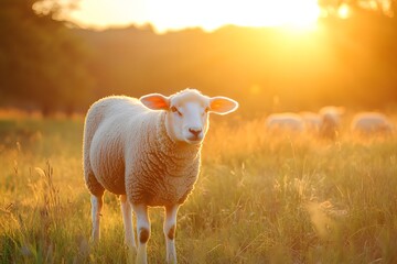 Naklejka premium Realistic Sheep Grazing in Meadow at Sunset