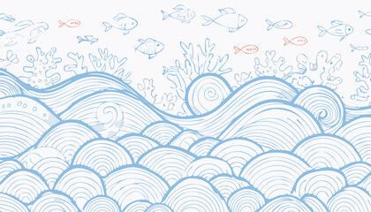 Simple Abstract Waves Seamless Pattern with Hand-Drawn Undersea Life &ndash; Vector Ocean Design