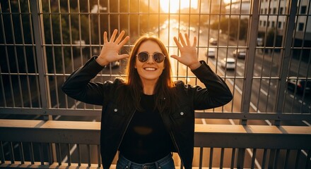 Smiling woman with sunglasses and black jacket stands on bridge at sunset