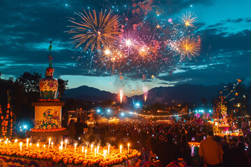 Nighttime Dia de los Muertos Celebration with Colorful Fireworks, Candlelit Altars, and Gathered Crowd