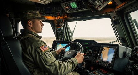 Soldier Driving Advanced Military Vehicle Across Open Terrain