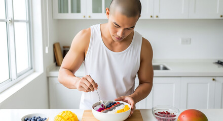 A man preparing a vibrant, healthy smoothie bowl in his sunlit kitchen.