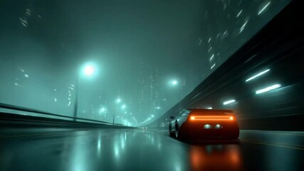 Futuristic City Night Drive Teal and Orange Neon Lights, Wet Asphalt Road - Powered by Adobe
