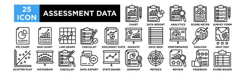 Assessment Data icon collection set. Progress Chart, Data Report, Analytics Graph, Score Meter, Survey Form