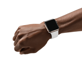 Closeup of a Dark-Skinned Hand Wearing a White Smartwatch on a Transparent Background, PNG