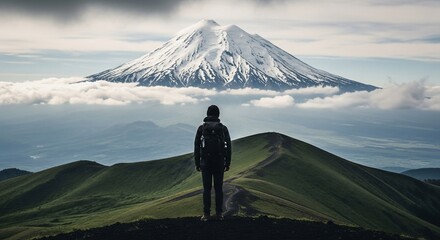 Solitary hiker gazes at snow-capped mountain peak above clouds, green ridge