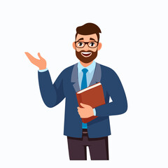 Attentive teacher holding a book and gesturing while explaining, focused on educating students, depicted in clean flat vector style.