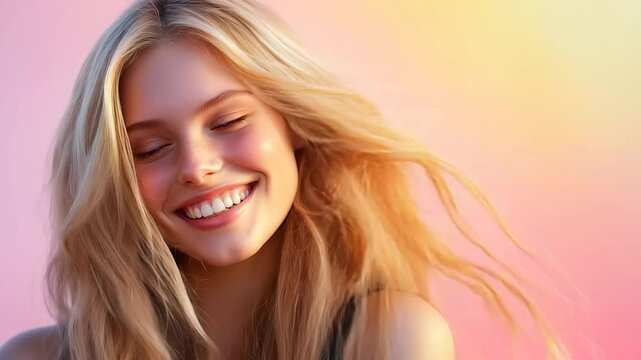 Camera performing a slow arc from right to left, the woman turns her head slightly to follow it, letting out a silent, happy laugh The wind catches her hair, making it whip and dance