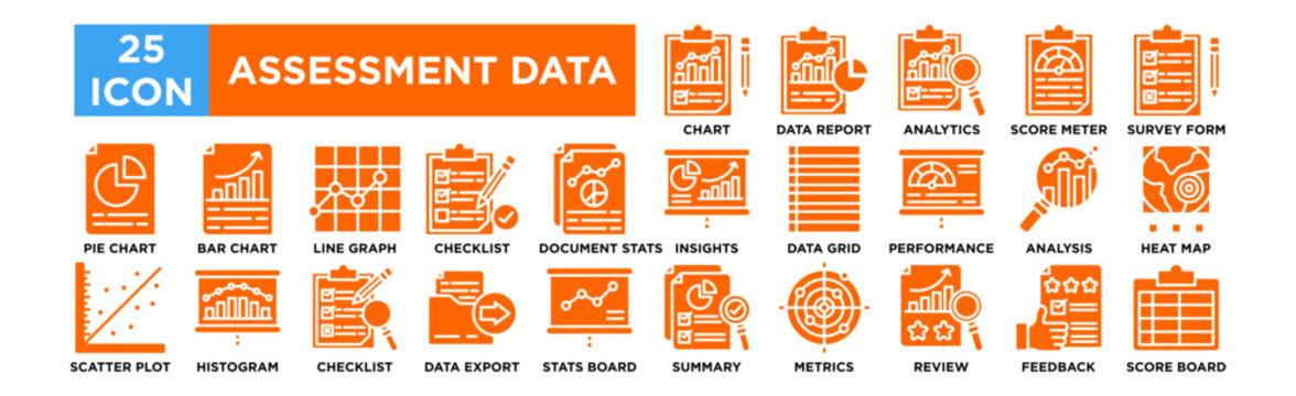 Assessment Data icon collection set. Progress Chart, Data Report, Analytics Graph, Score Meter, Survey Form