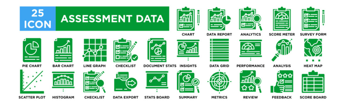 Assessment Data icon collection set. Progress Chart, Data Report, Analytics Graph, Score Meter, Survey Form