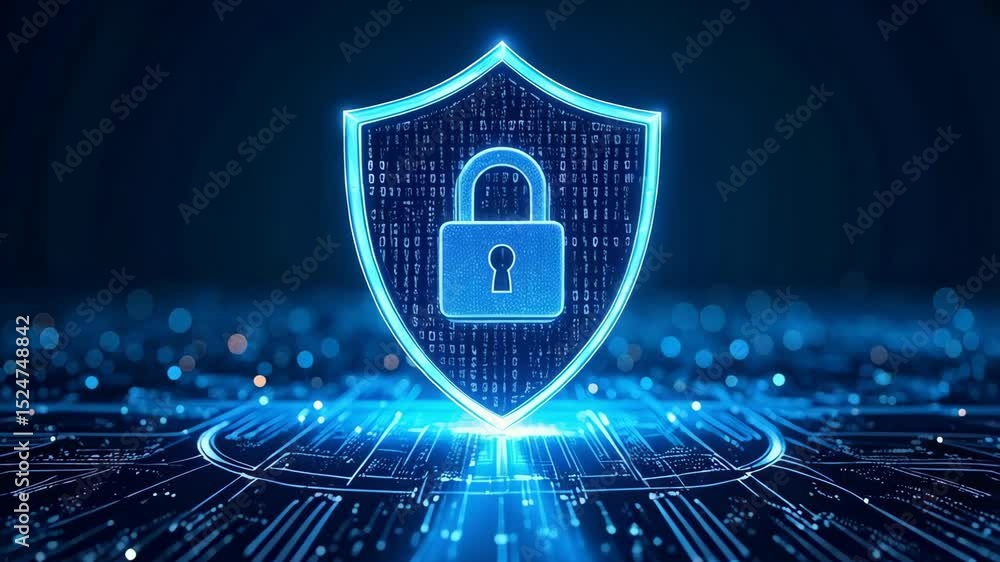 Poster digital security shield with padlock and binary code on circuit board background, cybersecurity conc