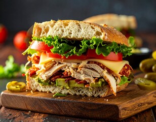 Fresh Gourmet Sandwich with Layers of Colorful Ingredients on Rustic Bread

