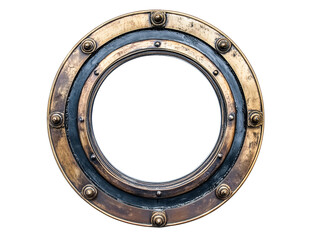 Vintage brass porthole with black frame, transparent background, nautical design element, isolated, round shape, metallic texture, steampunk style, industrial design, maritime decor,