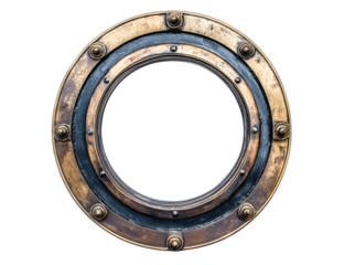 Vintage brass porthole with black frame, transparent background, nautical design element, isolated, round shape, metallic texture, steampunk style, industrial design, maritime decor,